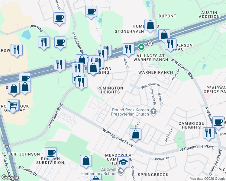 map of restaurants, bars, coffee shops, grocery stores, and more near 3147 Jazz Street in Round Rock