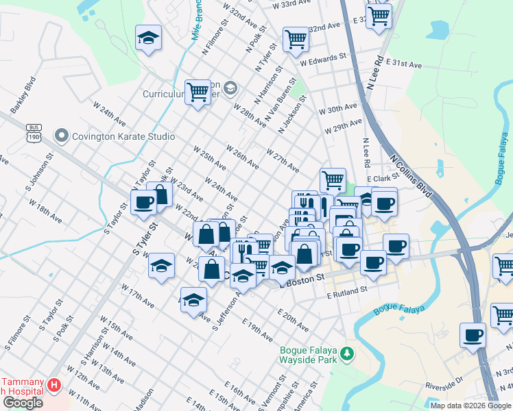 map of restaurants, bars, coffee shops, grocery stores, and more near 217 West 24th Avenue in Covington