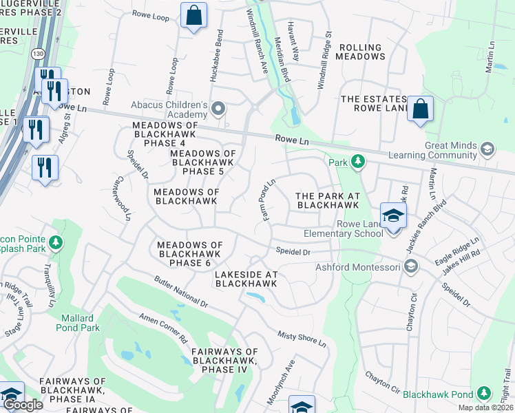 map of restaurants, bars, coffee shops, grocery stores, and more near 20224 Farm Pond Lane in Pflugerville