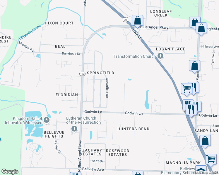 map of restaurants, bars, coffee shops, grocery stores, and more near 1043 Brownfield Road in Pensacola