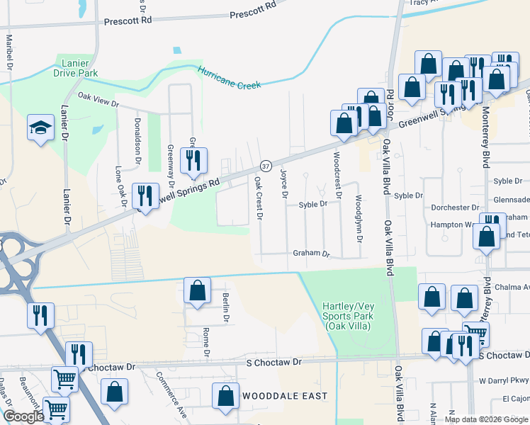 map of restaurants, bars, coffee shops, grocery stores, and more near 3141 Joyce Drive in Baton Rouge