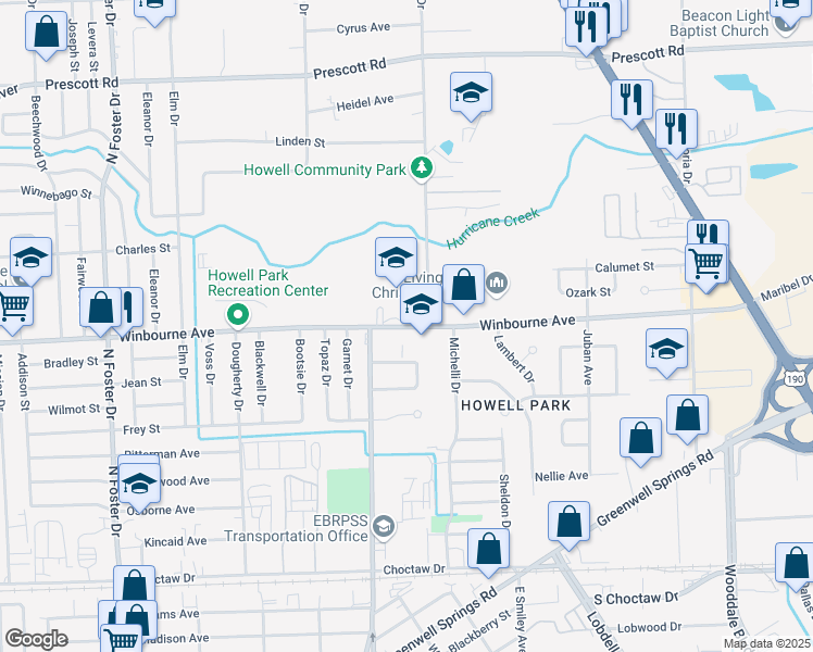 map of restaurants, bars, coffee shops, grocery stores, and more near 6125 Winbourne Avenue in Baton Rouge