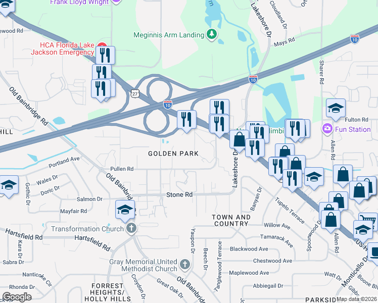 map of restaurants, bars, coffee shops, grocery stores, and more near 2900 N Monroe St in Tallahassee