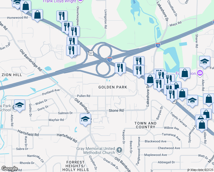 map of restaurants, bars, coffee shops, grocery stores, and more near 2539 Fred Smith Road in Tallahassee