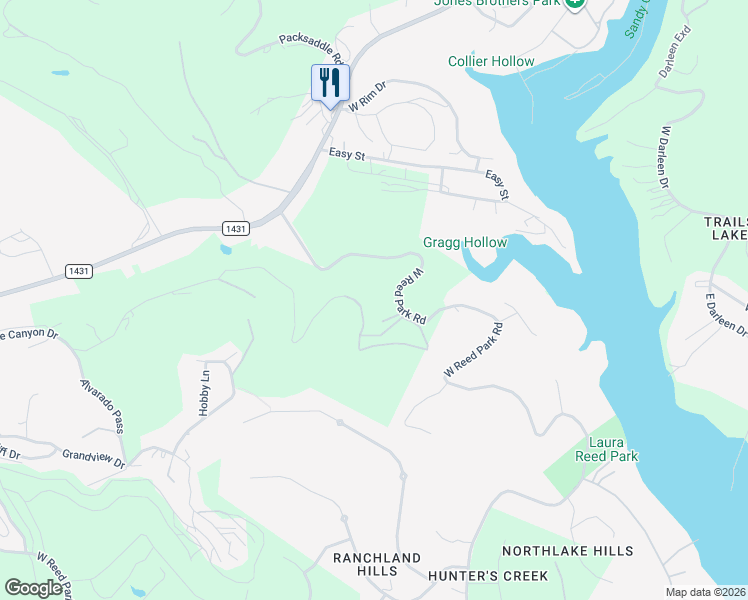 map of restaurants, bars, coffee shops, grocery stores, and more near 17254 West Reed Park Road in Jonestown