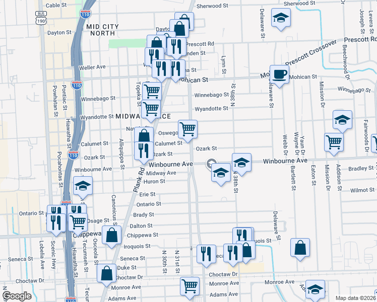 map of restaurants, bars, coffee shops, grocery stores, and more near 3450 North Acadian Thruway in Baton Rouge