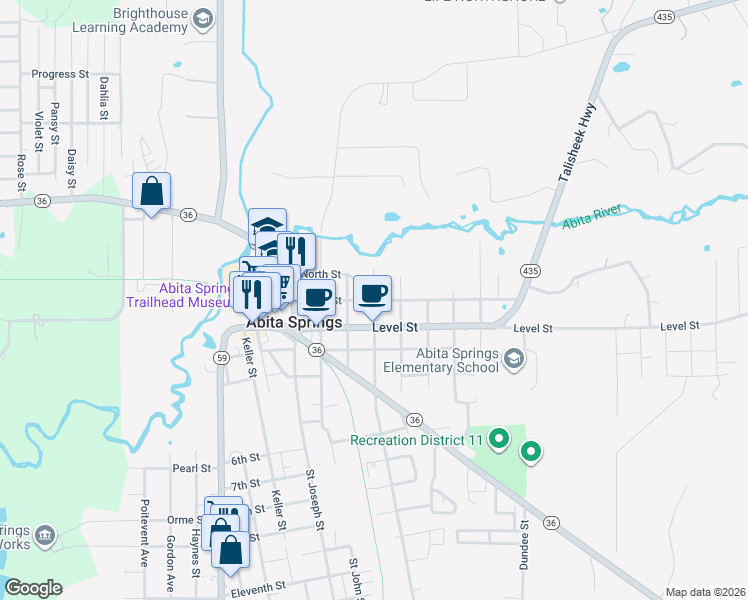 map of restaurants, bars, coffee shops, grocery stores, and more near Main Street in Abita Springs