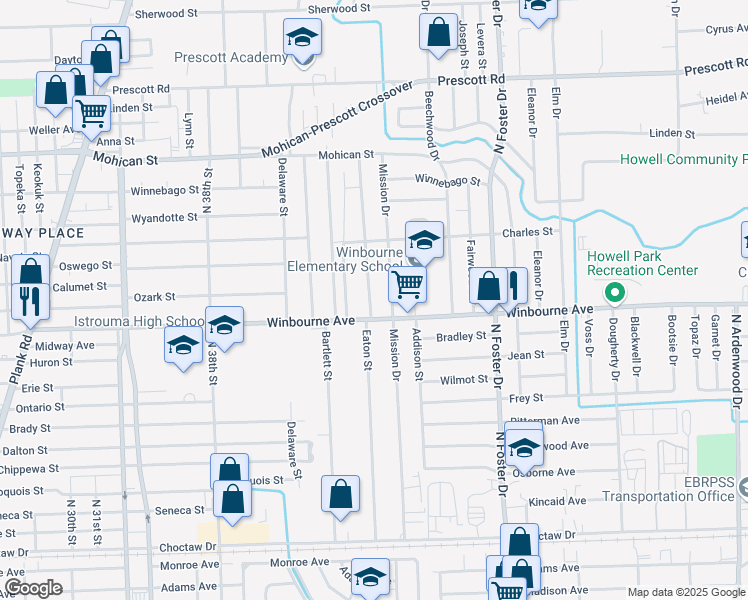 map of restaurants, bars, coffee shops, grocery stores, and more near 3444 Eaton Street in Baton Rouge