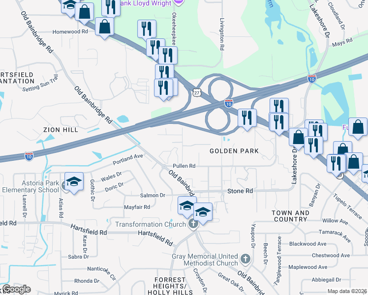 map of restaurants, bars, coffee shops, grocery stores, and more near 1553 Merry Oaks Court in Tallahassee