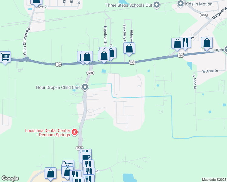 map of restaurants, bars, coffee shops, grocery stores, and more near 29195 East Karen Street in Denham Springs