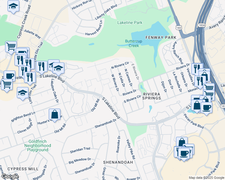 map of restaurants, bars, coffee shops, grocery stores, and more near 2206 West Riviera Drive in Cedar Park