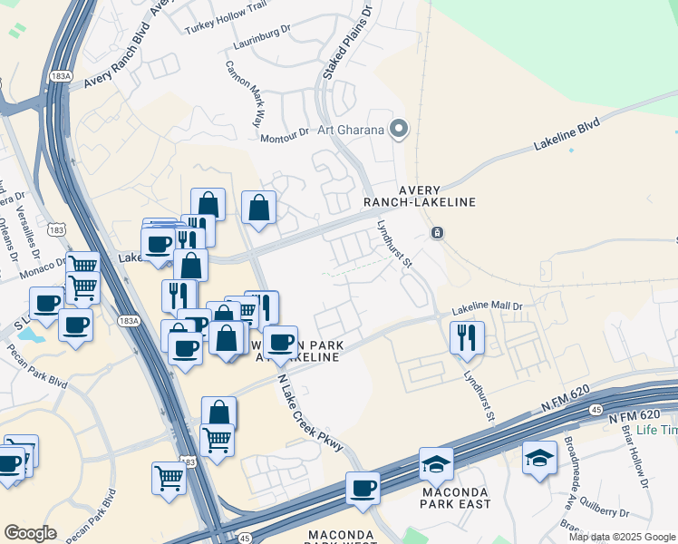 map of restaurants, bars, coffee shops, grocery stores, and more near 13800 Lyndhurst Street in Austin
