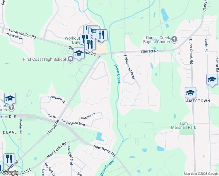 map of restaurants, bars, coffee shops, grocery stores, and more near 13419 Ashford Wood Court East in Jacksonville
