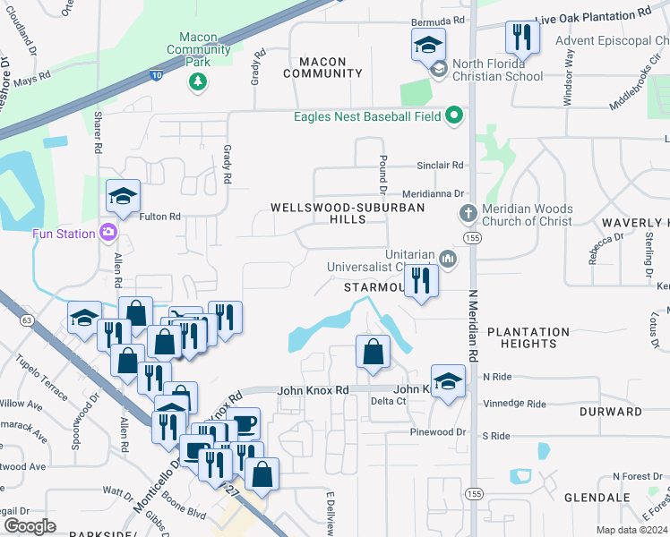 map of restaurants, bars, coffee shops, grocery stores, and more near 252 Starmount Drive in Tallahassee