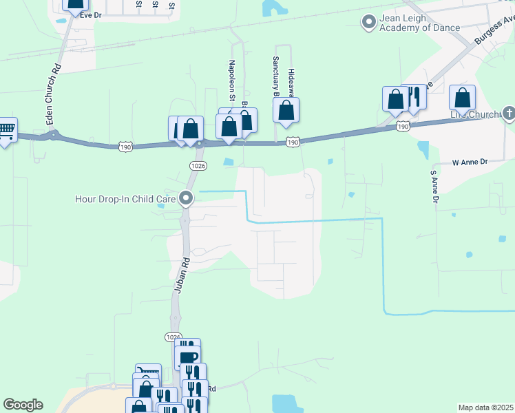 map of restaurants, bars, coffee shops, grocery stores, and more near 29194 East Karen Street in Denham Springs