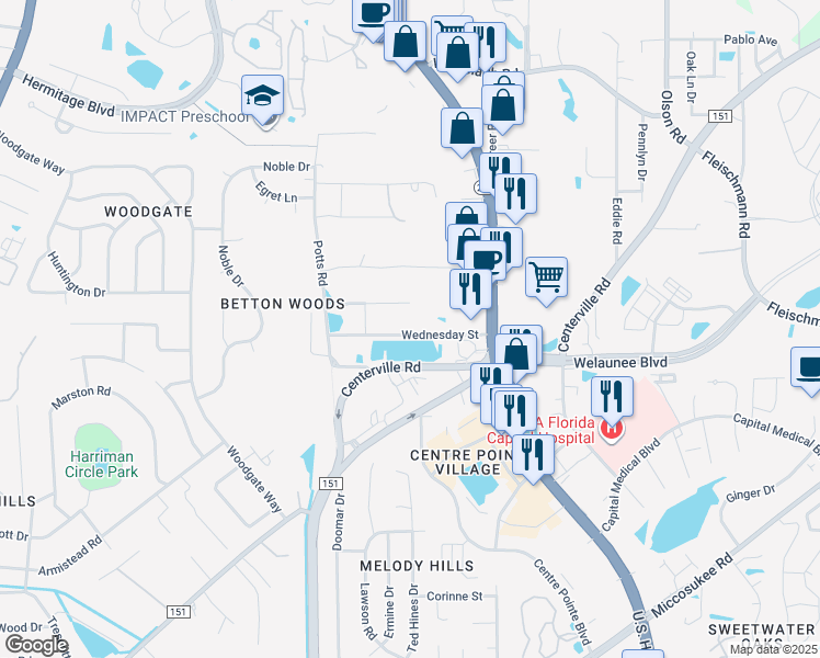 map of restaurants, bars, coffee shops, grocery stores, and more near 2210 Wednesday Court in Tallahassee