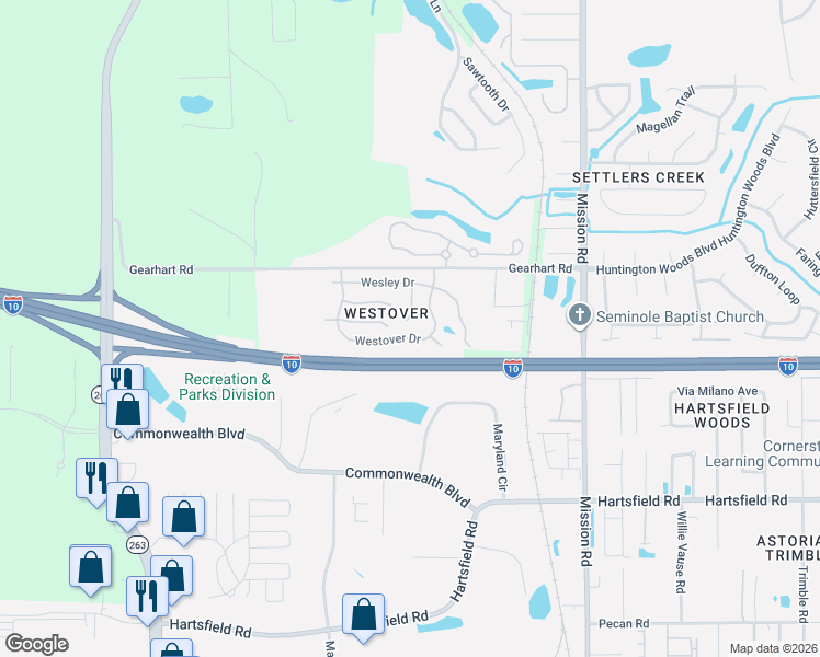 map of restaurants, bars, coffee shops, grocery stores, and more near 2111 Wesley Court in Tallahassee