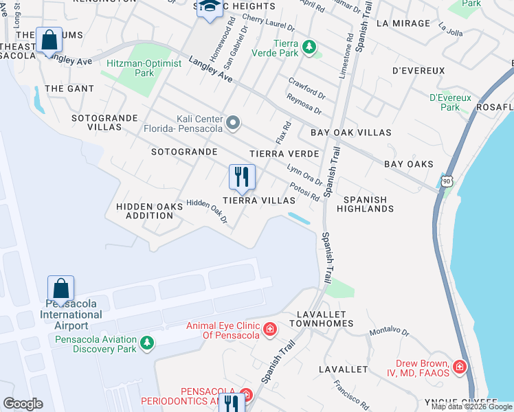 map of restaurants, bars, coffee shops, grocery stores, and more near 4040 Powrie Drive in Pensacola