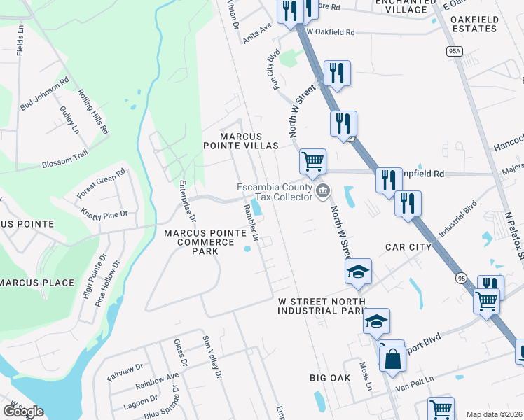 map of restaurants, bars, coffee shops, grocery stores, and more near Marcus Pointe Boulevard in Pensacola