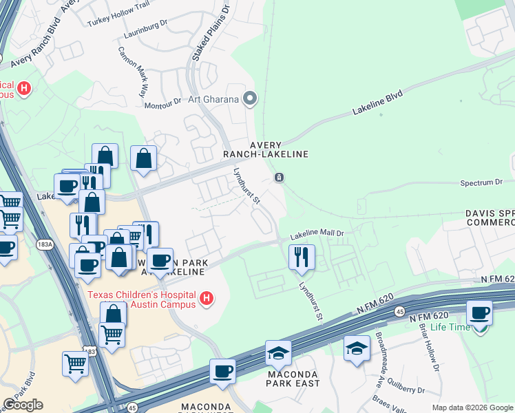 map of restaurants, bars, coffee shops, grocery stores, and more near 10500 Lakeline Mall Drive in Austin