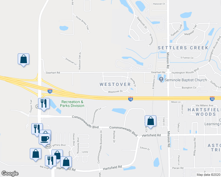 map of restaurants, bars, coffee shops, grocery stores, and more near 4523 Wimbelton Court in Tallahassee