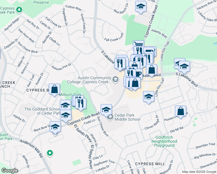 map of restaurants, bars, coffee shops, grocery stores, and more near 1908 Summer Rain Drive in Cedar Park