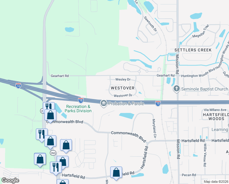 map of restaurants, bars, coffee shops, grocery stores, and more near 4546 Wimbleton Court in Tallahassee