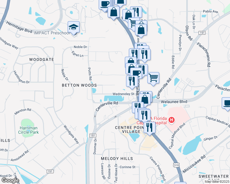 map of restaurants, bars, coffee shops, grocery stores, and more near 2210 Wednesday Court in Tallahassee