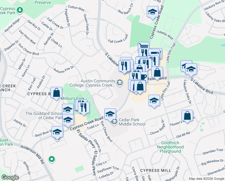 map of restaurants, bars, coffee shops, grocery stores, and more near 1904 Summer Rain Drive in Cedar Park
