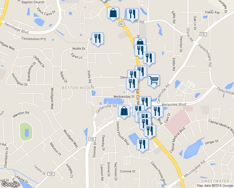 map of restaurants, bars, coffee shops, grocery stores, and more near 2210 Wednesday Court in Tallahassee