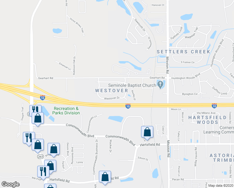 map of restaurants, bars, coffee shops, grocery stores, and more near 2111 Wesley Court in Tallahassee