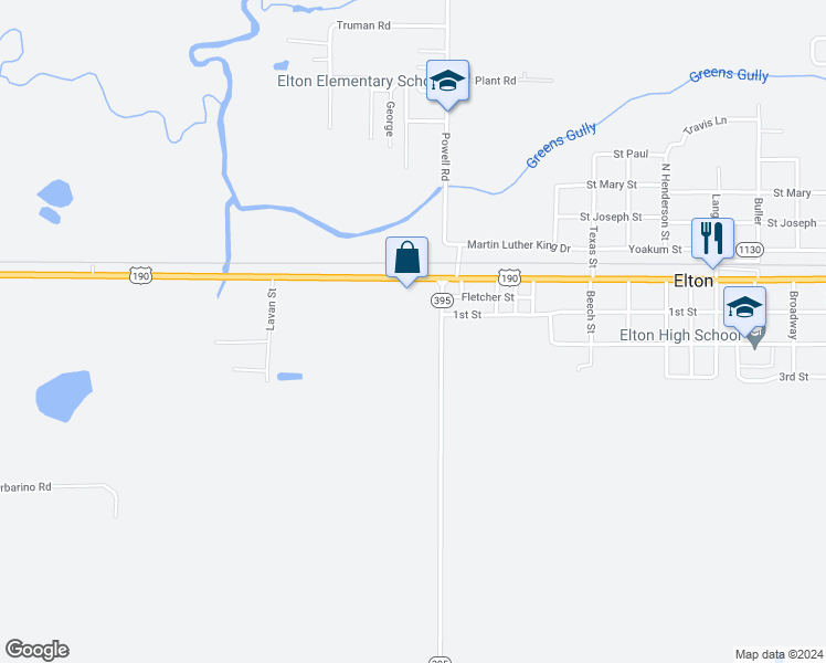 map of restaurants, bars, coffee shops, grocery stores, and more near 348 Raymond Church Road in Elton