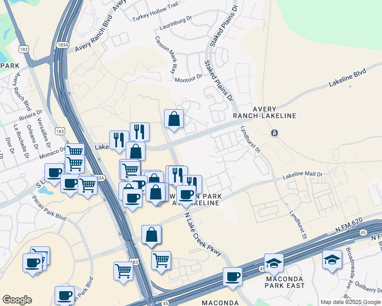 map of restaurants, bars, coffee shops, grocery stores, and more near 11001 Lakeline Boulevard in Austin
