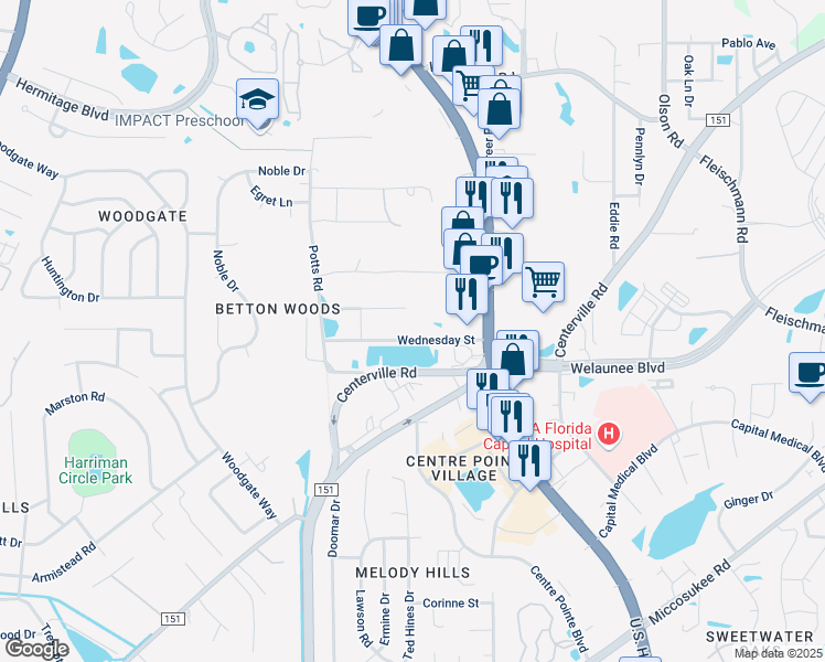 map of restaurants, bars, coffee shops, grocery stores, and more near 2240 Wednesday Street in Tallahassee