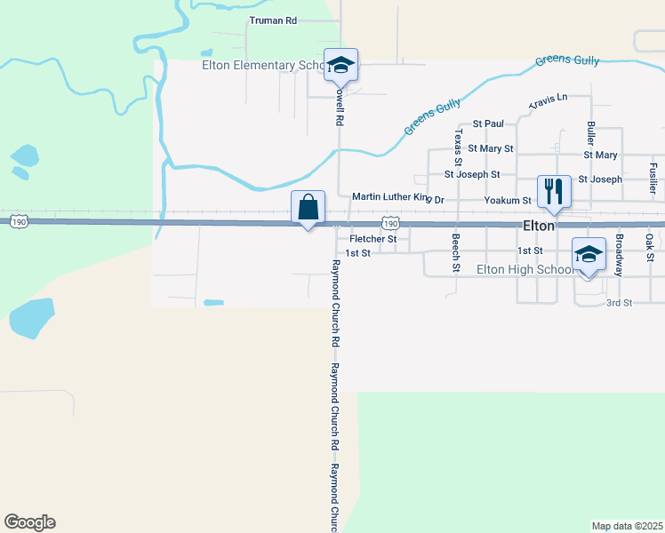 map of restaurants, bars, coffee shops, grocery stores, and more near 348 Raymond Church Road in Elton