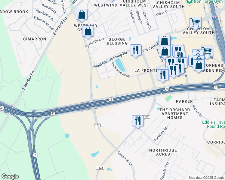 map of restaurants, bars, coffee shops, grocery stores, and more near 2800 Frontera Drive in Round Rock