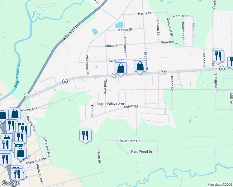map of restaurants, bars, coffee shops, grocery stores, and more near 72183 East 5th Street in Covington