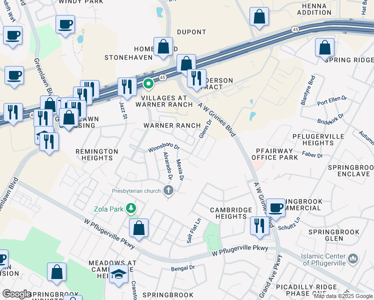 map of restaurants, bars, coffee shops, grocery stores, and more near 872 Winnsboro Drive in Round Rock