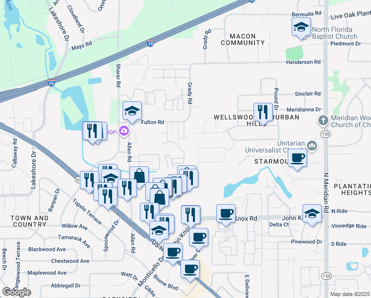 map of restaurants, bars, coffee shops, grocery stores, and more near 619 Arbor Station Lane in Tallahassee