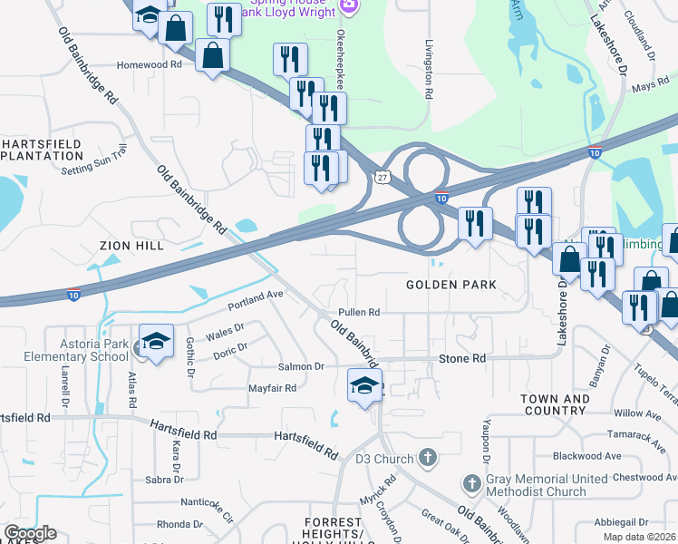 map of restaurants, bars, coffee shops, grocery stores, and more near 2501-2599 Bilbrey Drive in Tallahassee