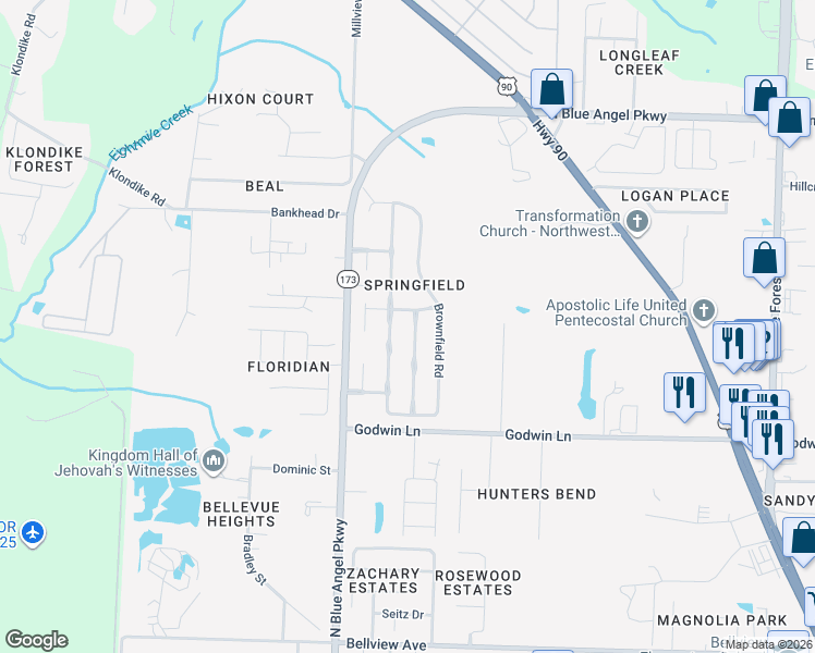 map of restaurants, bars, coffee shops, grocery stores, and more near 4064 Glenway Drive in Pensacola