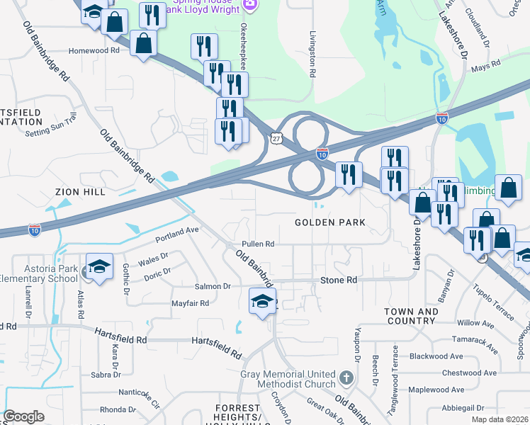 map of restaurants, bars, coffee shops, grocery stores, and more near 1552 Merry Oaks Court in Tallahassee