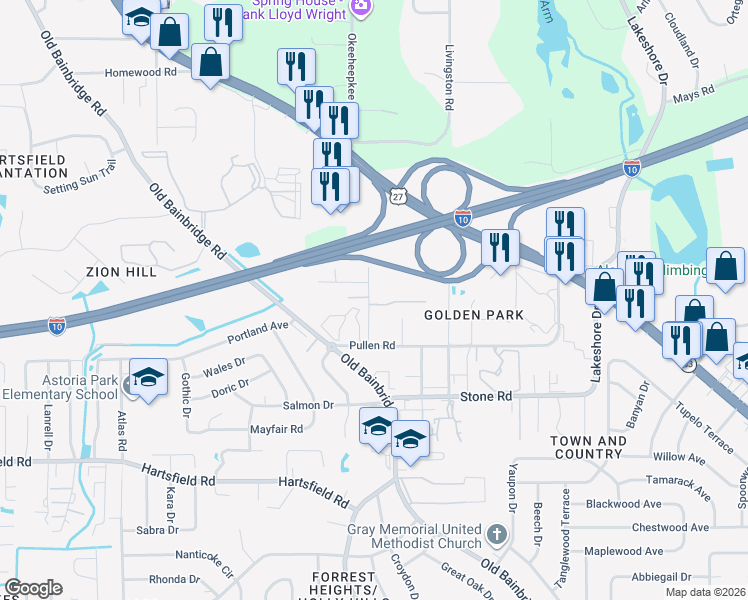 map of restaurants, bars, coffee shops, grocery stores, and more near 1552 Merry Oaks Court in Tallahassee