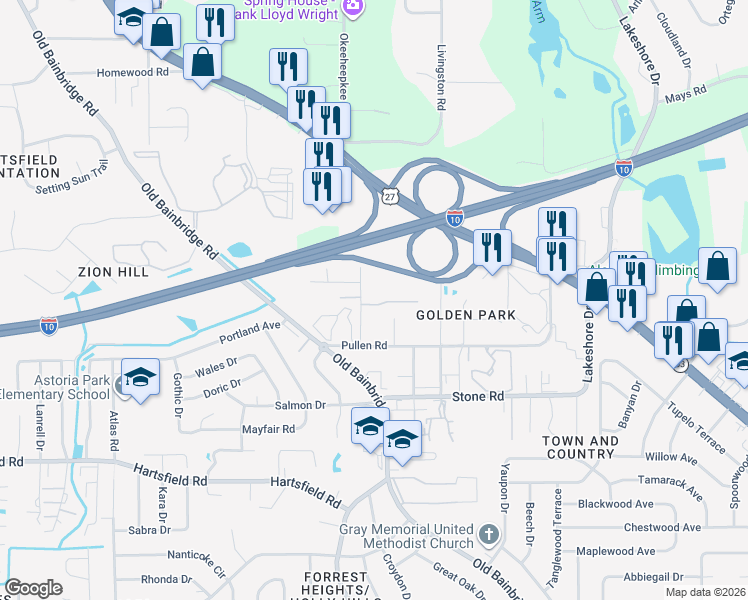 map of restaurants, bars, coffee shops, grocery stores, and more near 1552 Merry Oaks Court in Tallahassee