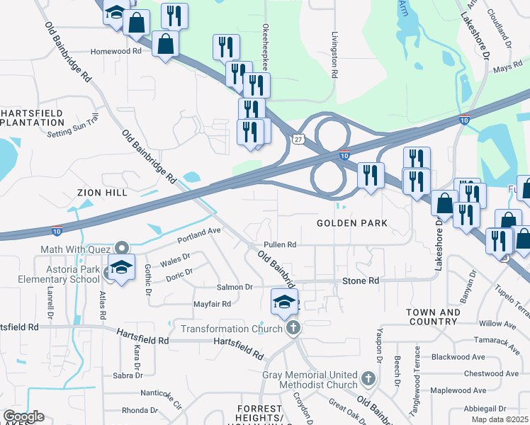 map of restaurants, bars, coffee shops, grocery stores, and more near 2501-2599 Bilbrey Drive in Tallahassee