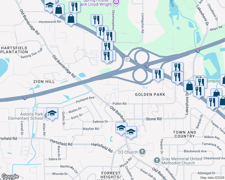 map of restaurants, bars, coffee shops, grocery stores, and more near 2501-2599 Bilbrey Drive in Tallahassee