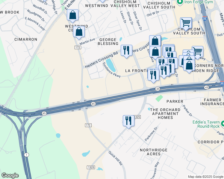 map of restaurants, bars, coffee shops, grocery stores, and more near 1220 Texas 45 in Round Rock