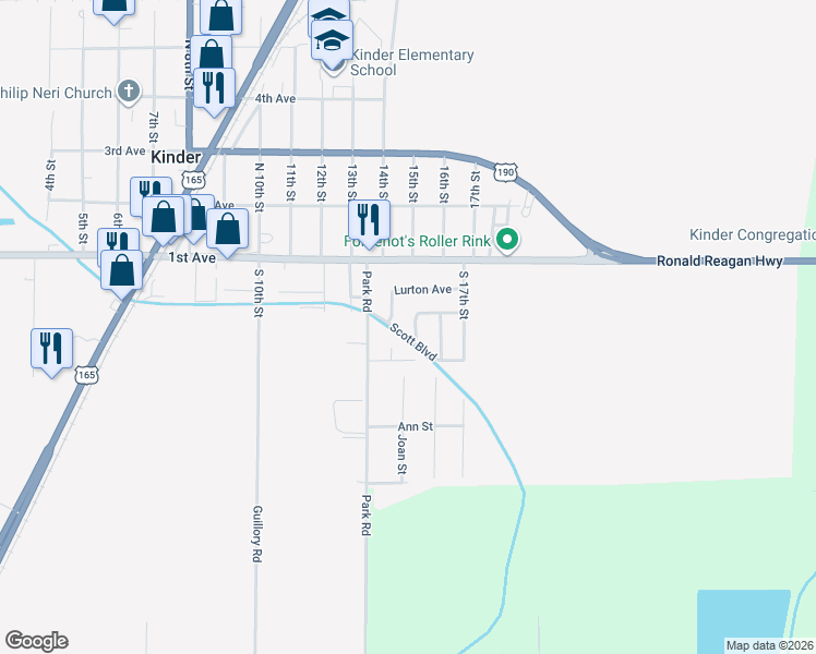 map of restaurants, bars, coffee shops, grocery stores, and more near Coreze Street in Kinder