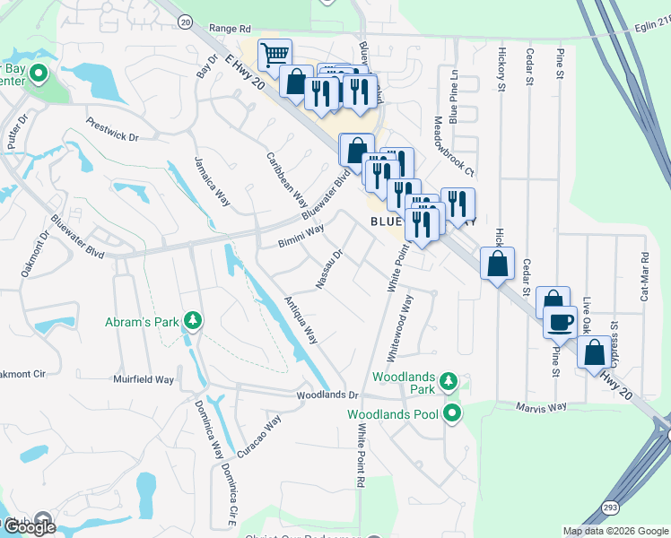 map of restaurants, bars, coffee shops, grocery stores, and more near 542 Nassau Drive in Niceville