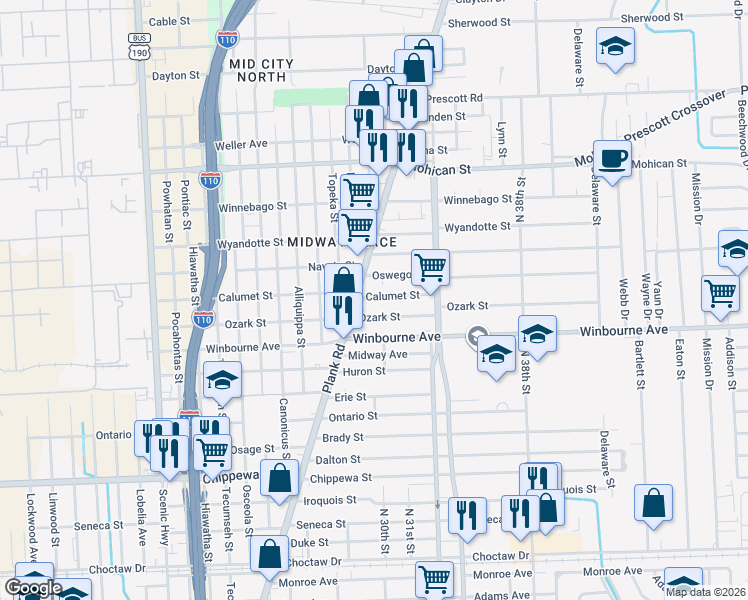 map of restaurants, bars, coffee shops, grocery stores, and more near 3530 Plank Road in Baton Rouge